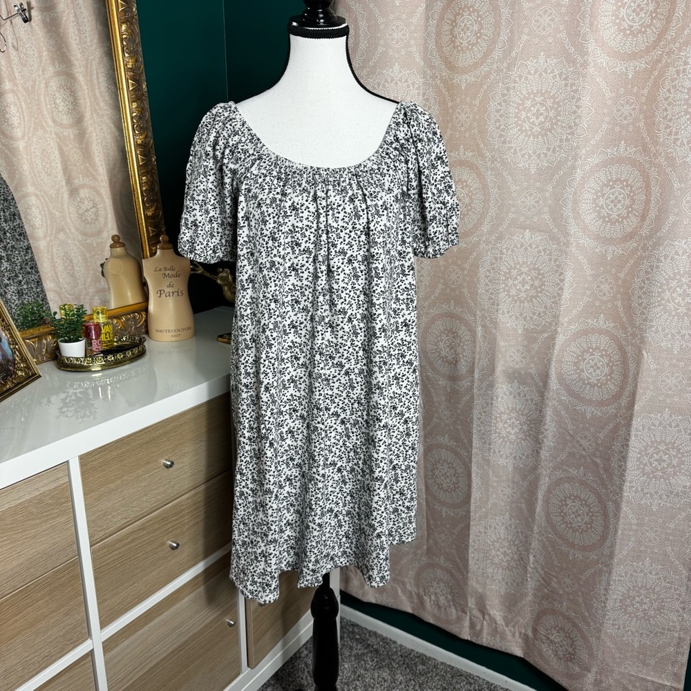 American Eagle Womens Swing Dress Sz Sm Cotton Knit, Black/white Floral Boho